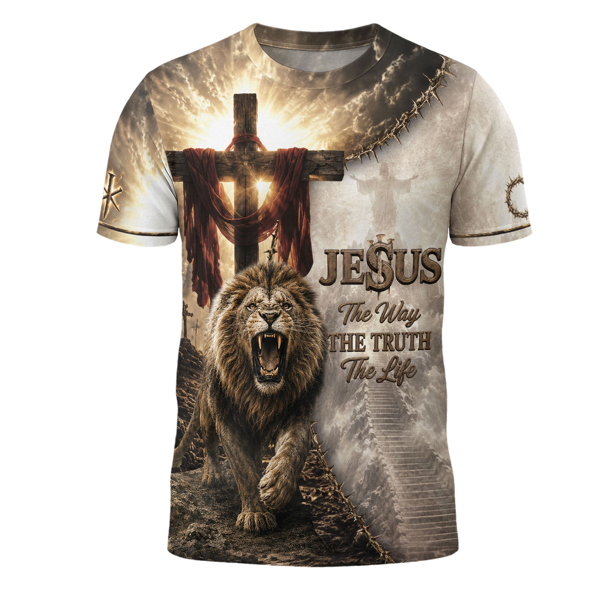 Jesus The Way The Truth The Life Lion Wings Cross 3D Men Shirt Christian Graphic Tee - Rust Field Wear