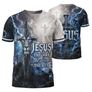 Jesus The Way The Truth The Life Blue Lightning Lion Cross 3D Men Shirt Christian Tee