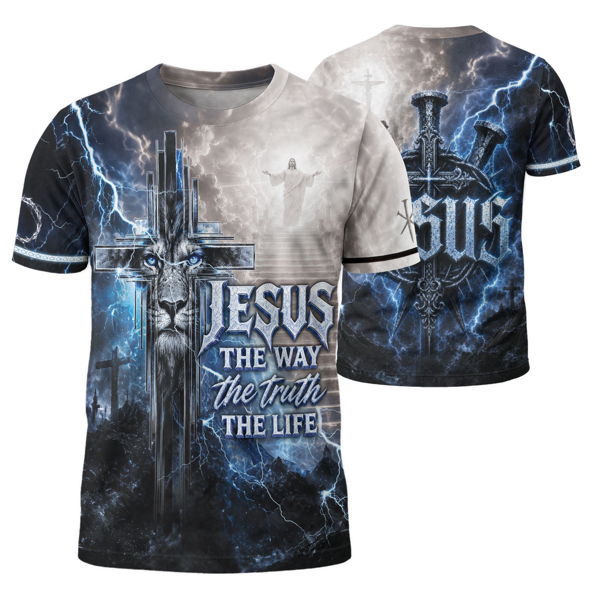 Jesus The Way The Truth The Life Blue Lightning Lion Cross 3D Men Shirt Christian Tee