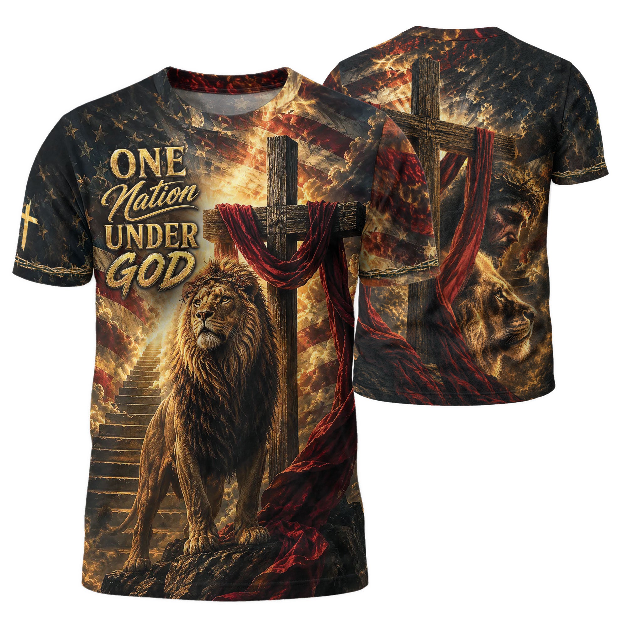 Christian Lion Cross 3D Men T-Shirt One Nation Under God Jesus Graphic Print Tee Shirt
