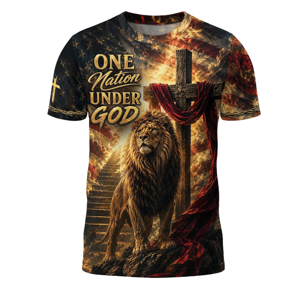 Christian Lion Cross 3D Men T-Shirt One Nation Under God Jesus Graphic Print Tee Shirt - Rust Field Wear