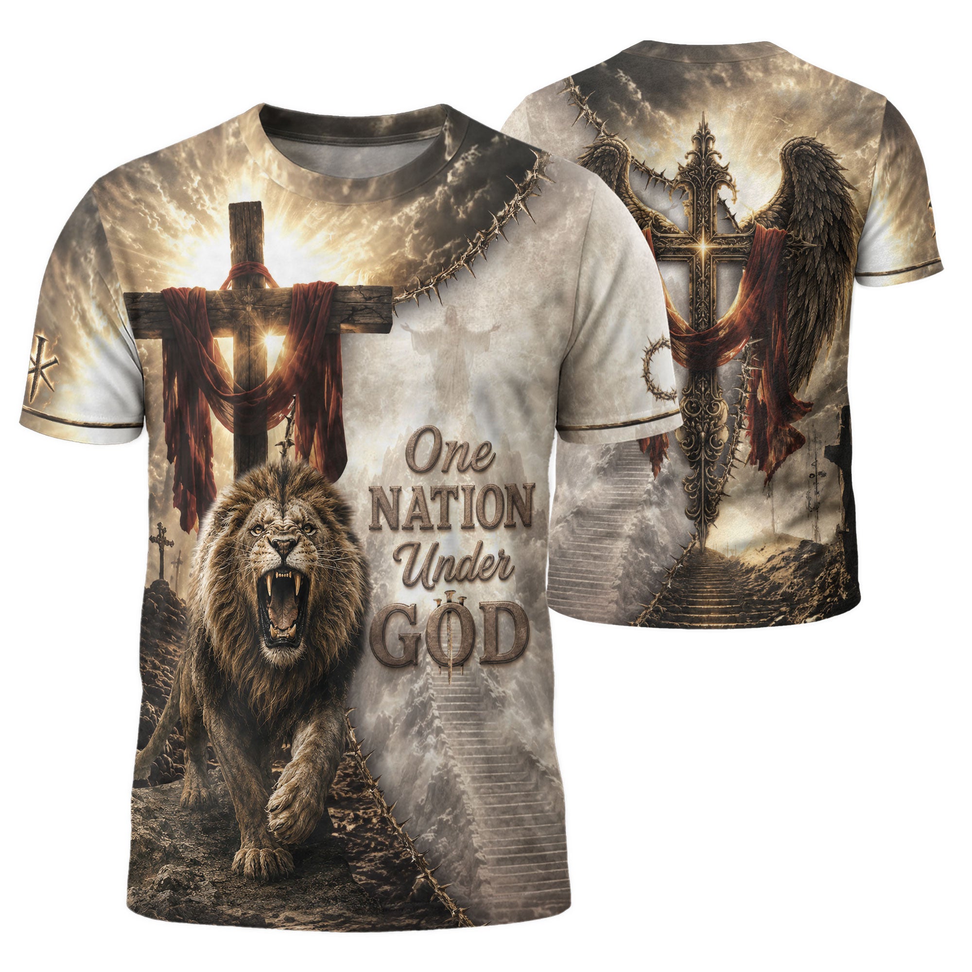 One Nation Under God Lion Wings Cross 3D Men Shirt Christian Graphic Print T-Shirt