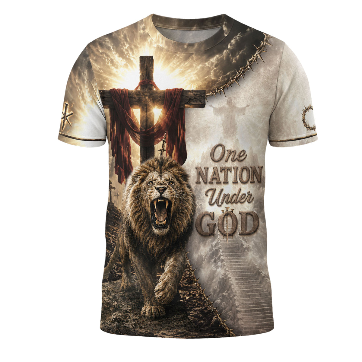 One Nation Under God Lion Wings Cross 3D Men Shirt Christian Graphic Print T-Shirt - Rust Field Wear