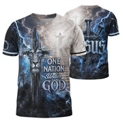 One Nation Under God Shirt Blue Lightning Lion Cross 3D All Over Print Christian Men Tee