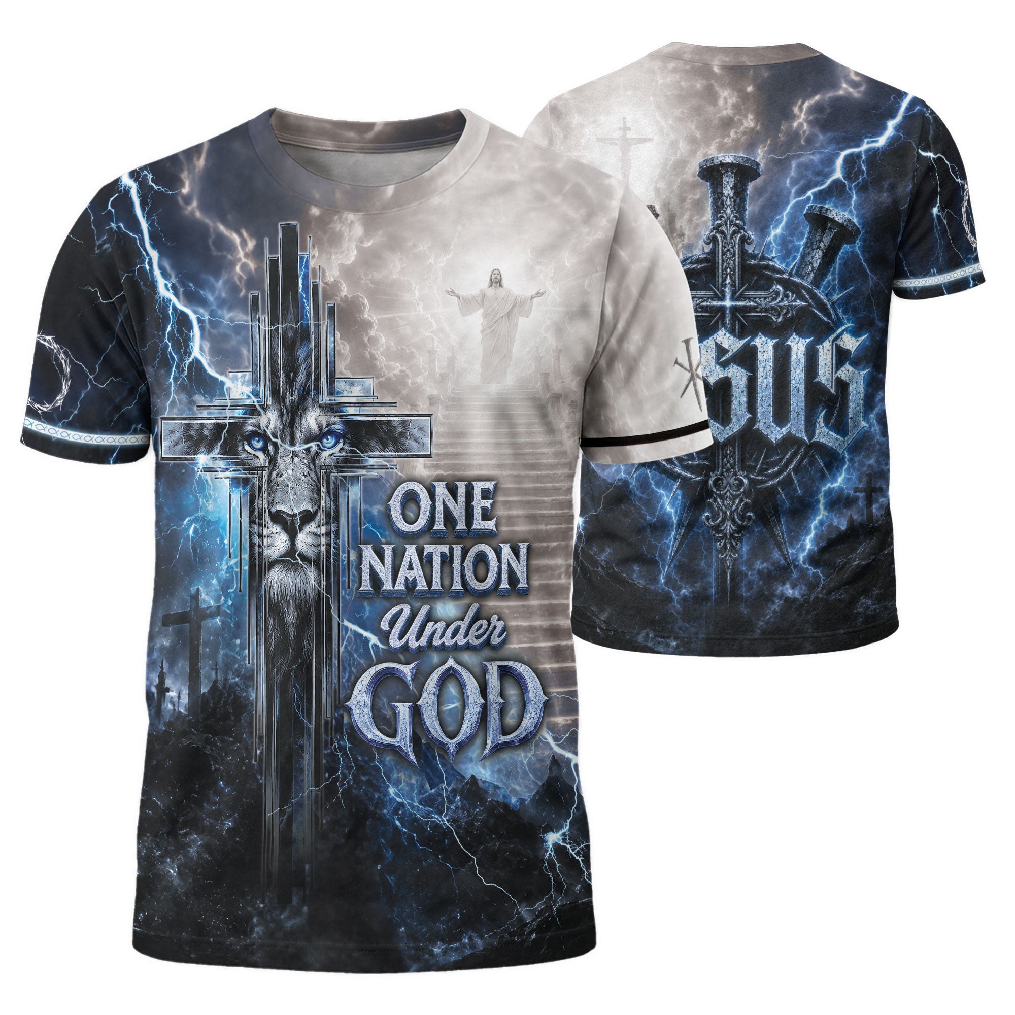 One Nation Under God Shirt Blue Lightning Lion Cross 3D All Over Print Christian Men Tee