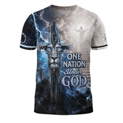 One Nation Under God Shirt Blue Lightning Lion Cross 3D All Over Print Christian Men Tee - Rust Field Wear