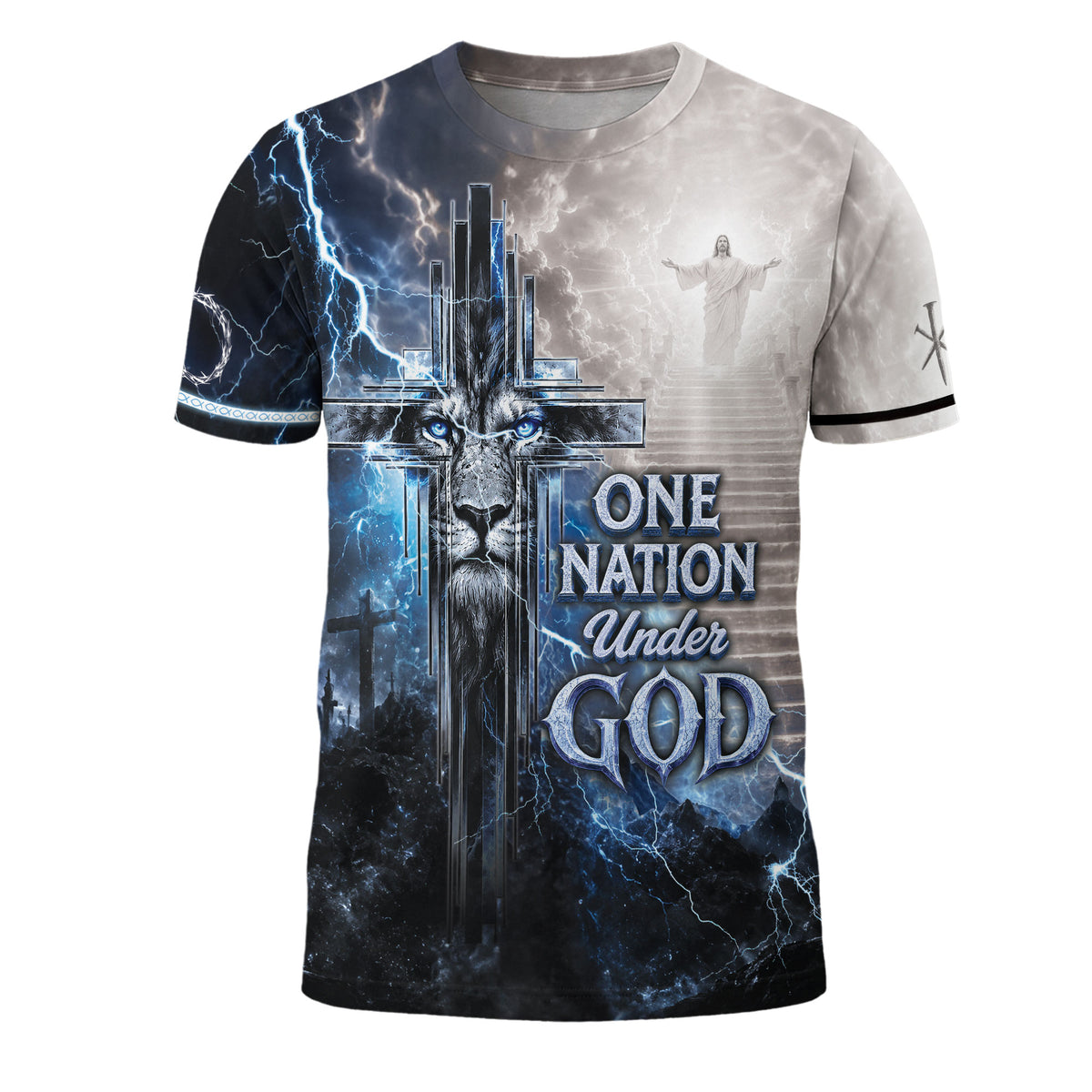 One Nation Under God Shirt Blue Lightning Lion Cross 3D All Over Print Christian Men Tee - Rust Field Wear