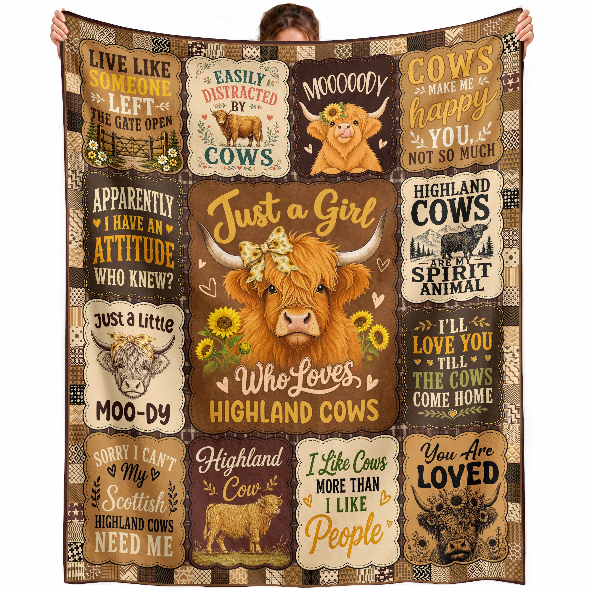 Just A Girl Who Adores Highland Cows Patchwork Throw Blanket Farm Decor Gift Idea