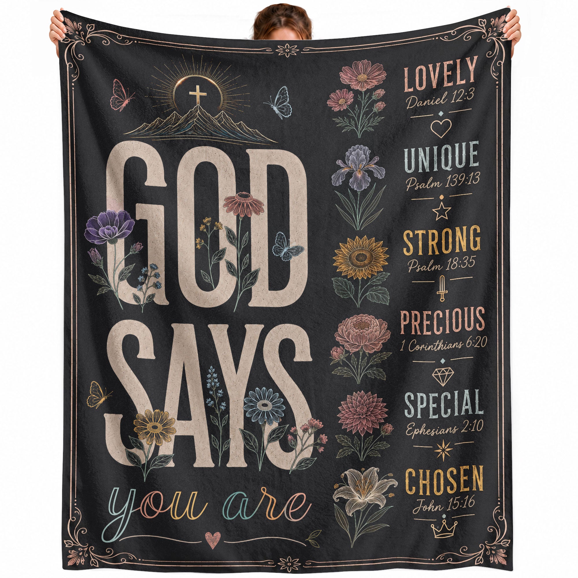 God Says You Are Blanket Black Floral Christian Bible Verse Throw Scripture Gift Cozy