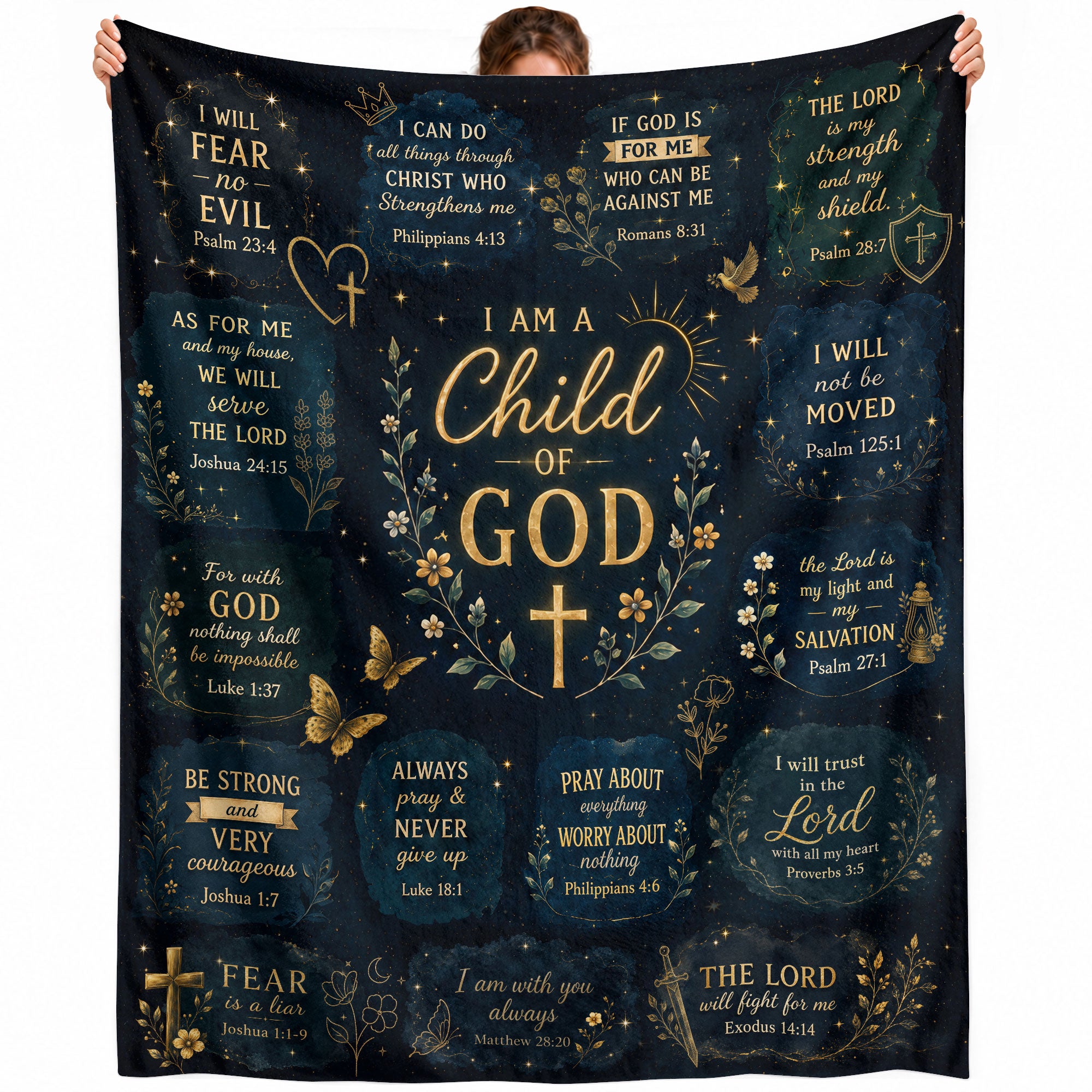 I Am A Child Of God Blanket Black Gold Floral Christian Bible Verse Scripture Decor Gift
