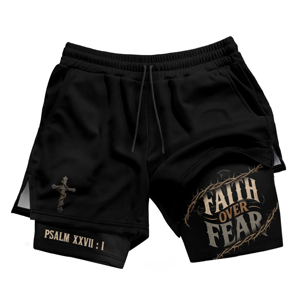 Men's Faith Over Fear Double Layer Track Shorts - Christian Psalm 27:1 Gym Shorts - Rust Field Wear