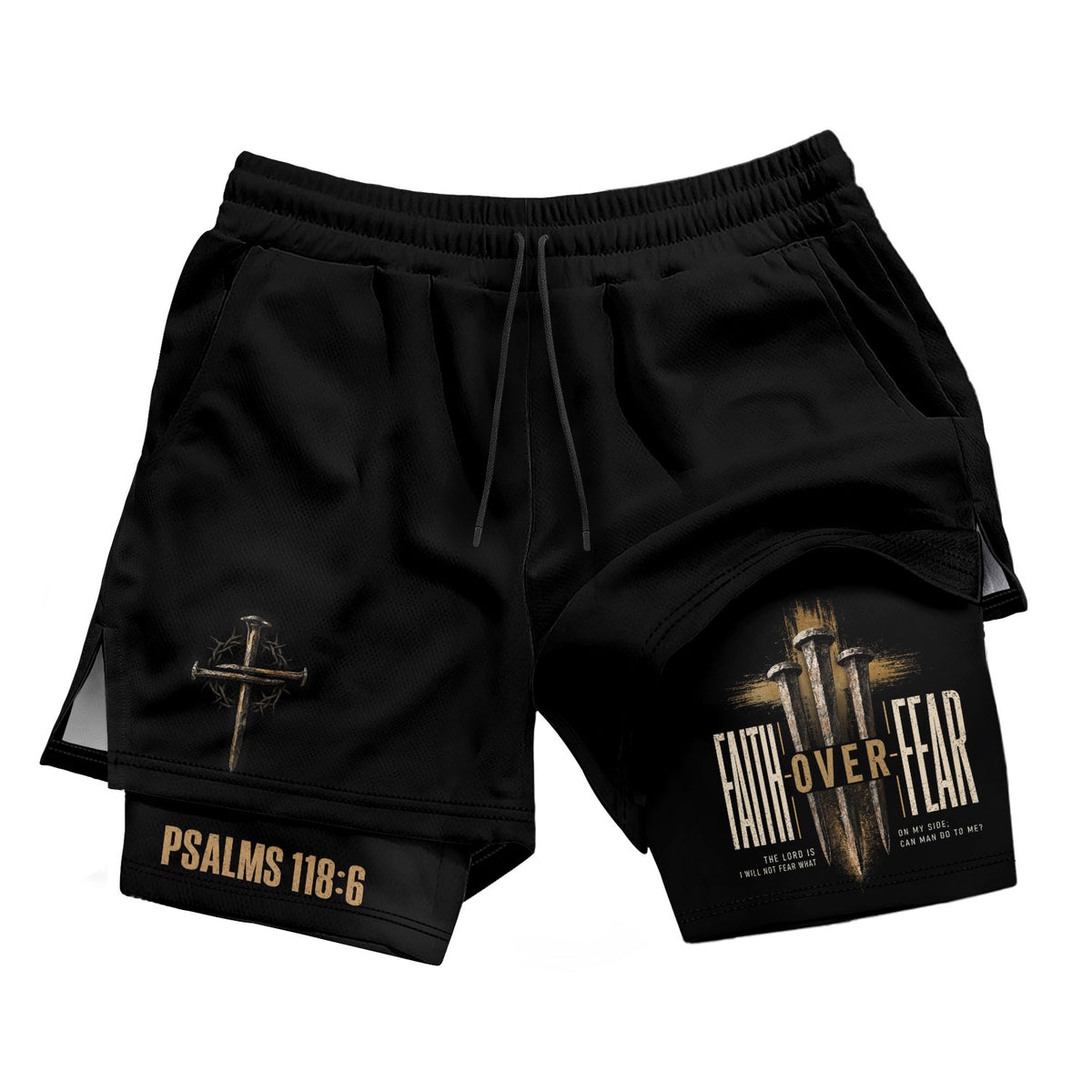 Psalms 118:6 Faith Over Fear Men's Double Layer Track Shorts - Christian Nail Cross Shorts - Rust Field Wear