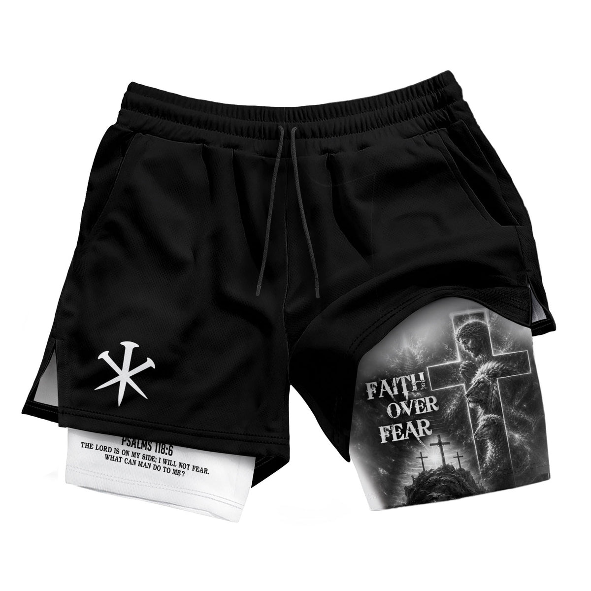 Faith Over Fear Double Layer Track Shorts Mens Christian Athletic Gym Shorts Cross Lion - Rust Field Wear