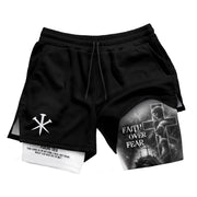 Faith Over Fear Double Layer Track Shorts Mens Christian Athletic Gym Shorts Cross Lion - Rust Field Wear