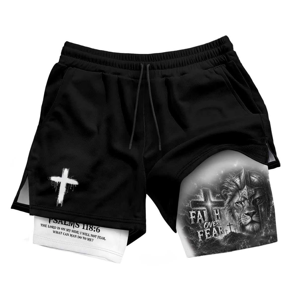 Faith Over Fear Mens Double Layer Track Shorts Warrior Lion Christian Gym Shorts Psalms 118:6 - Rust Field Wear