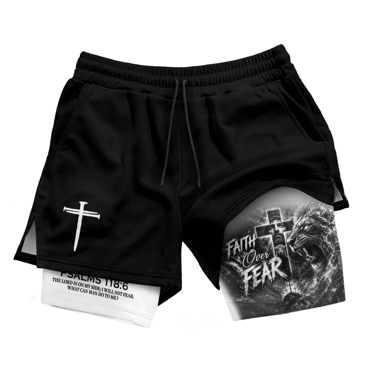 Mens Double Layer Track Shorts Faith Over Fear Christian Gym Workout Shorts Psalms 118:6 - Rust Field Wear