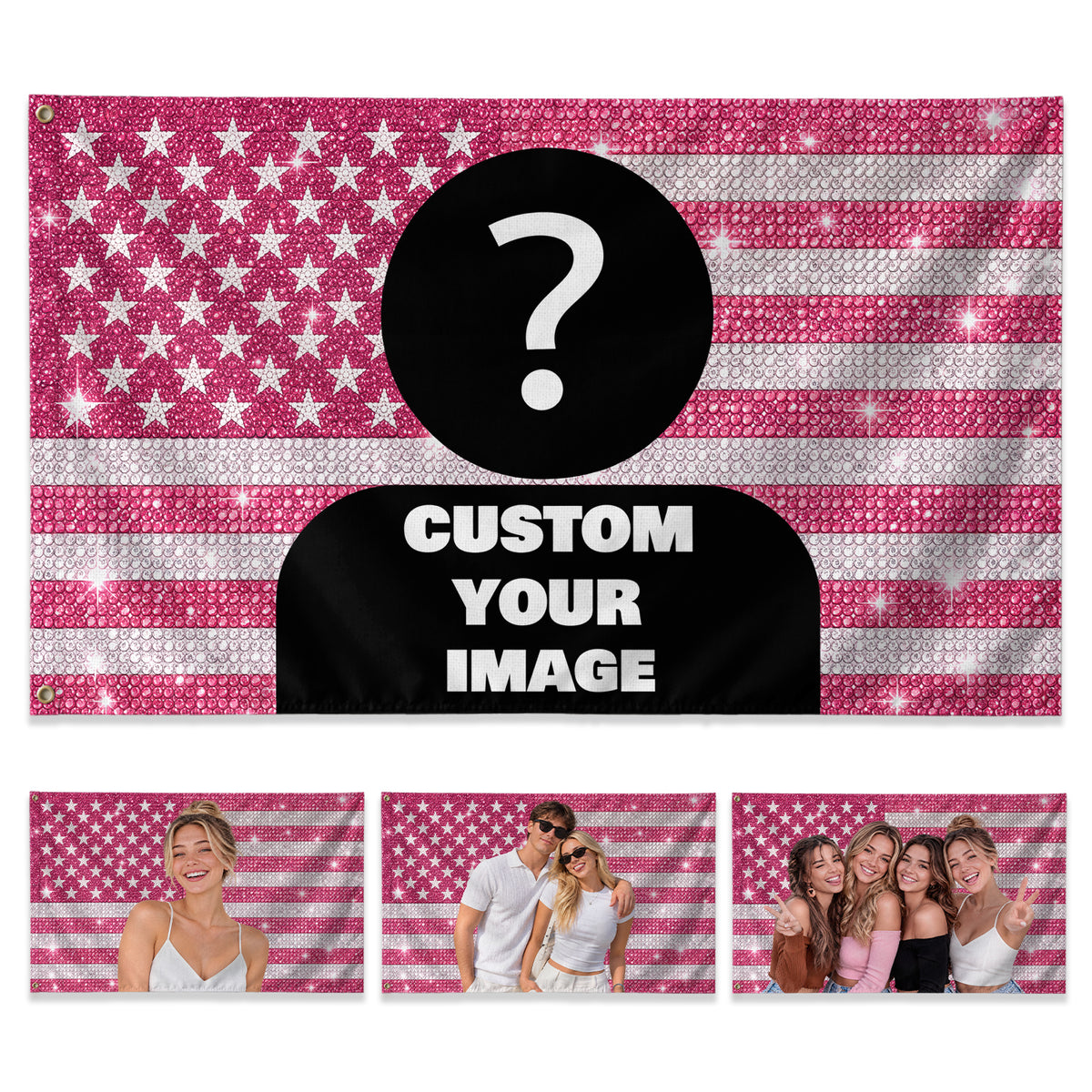 Pink Rhinestone Portrait Photo Collage Custom Flag with Picture, Pink American Flag Custom, Pink Flag Custom, Rustfield Co. - Rust Field Wear