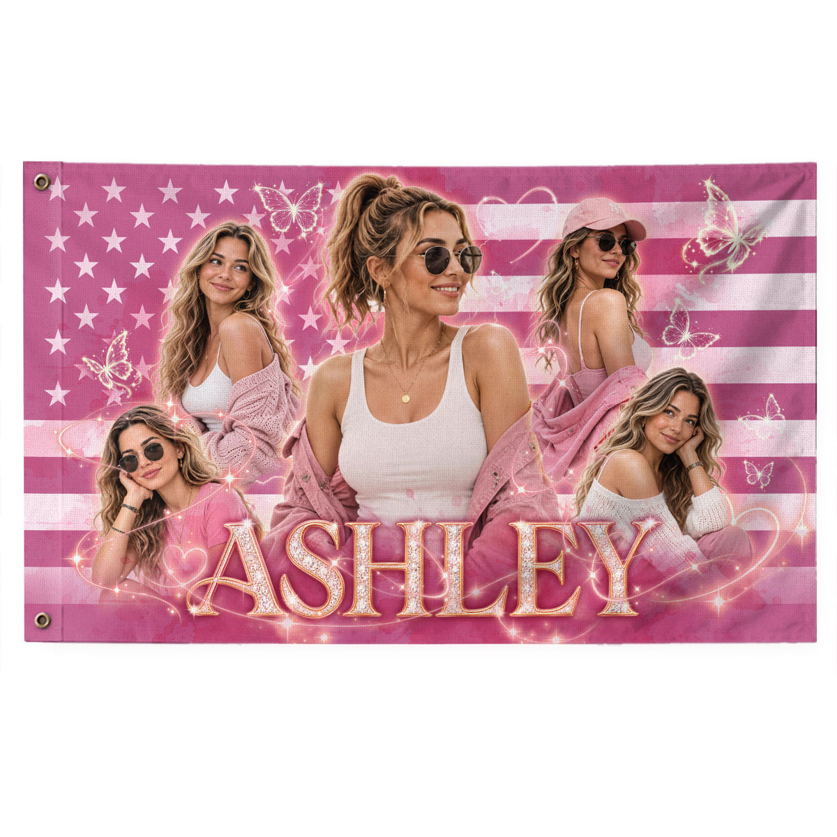 Custom Photo American Flag Pink Glitter Butterfly Personalised Name Picture USA Flag - Rust Field Wear