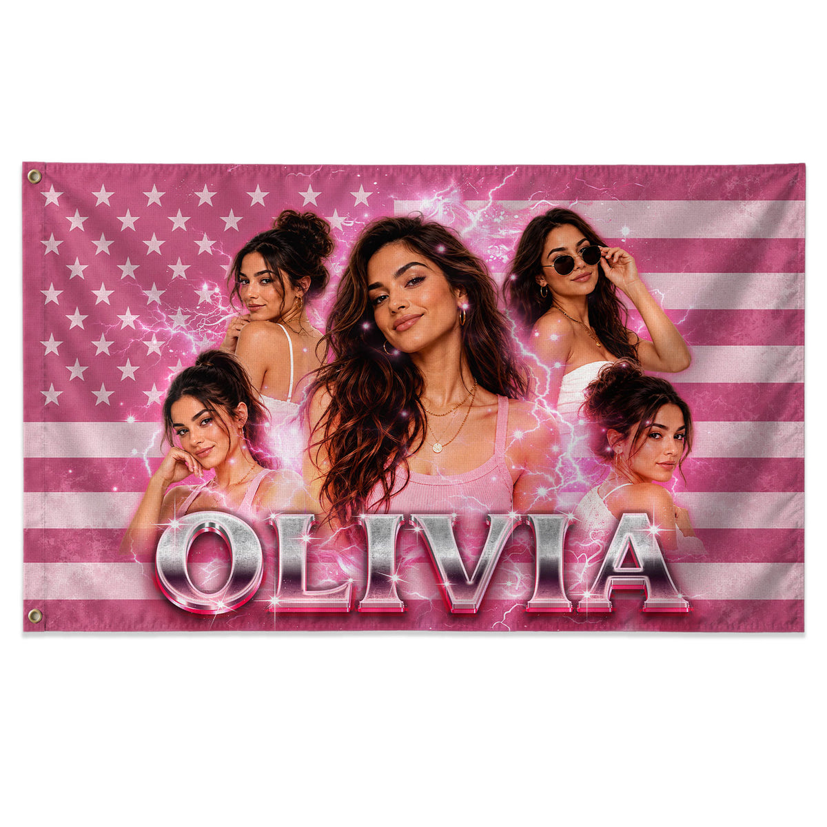 Custom Photo American Flag Personalized Pink Lightning Name USA Picture Flag Gift - Rust Field Wear