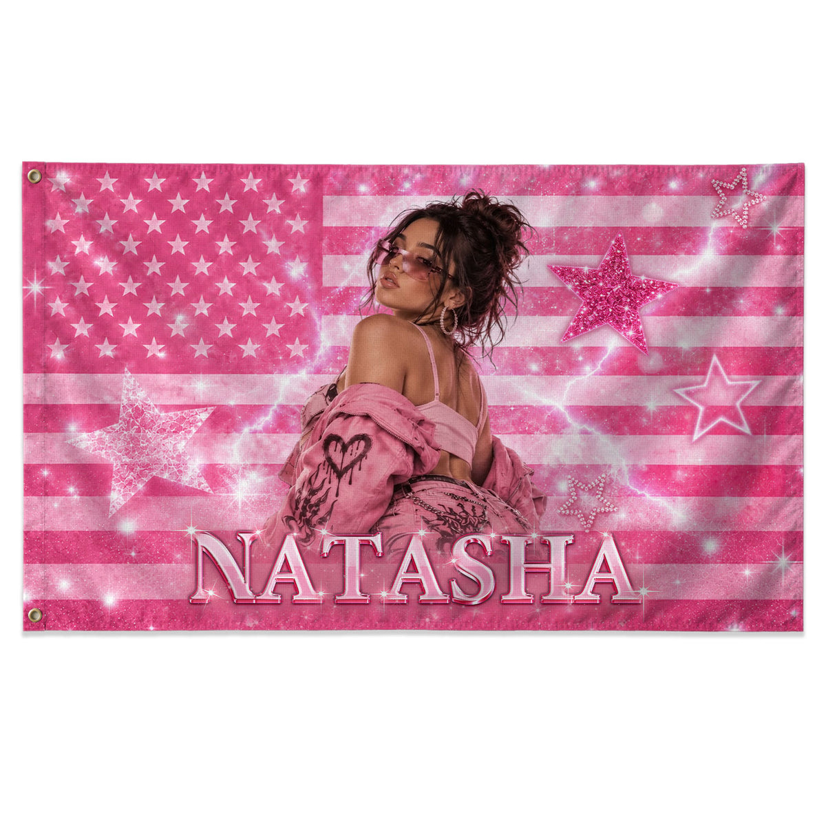 Custom Name Photo Flag American Stars Sparkle Glitter Wall Hanging Display Banner - Rust Field Wear