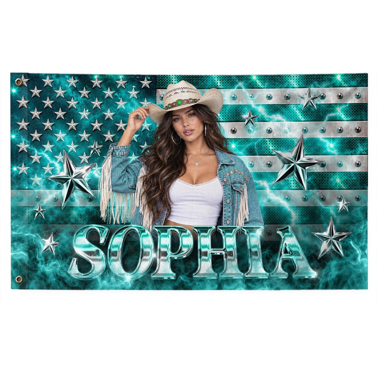 Aesthetic Teal American Flag Custom Photo Graphic Banner Retro Wall Hanging Display - Rust Field Wear