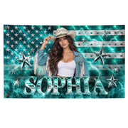 Aesthetic Teal American Flag Custom Photo Graphic Banner Retro Wall Hanging Display - Rust Field Wear