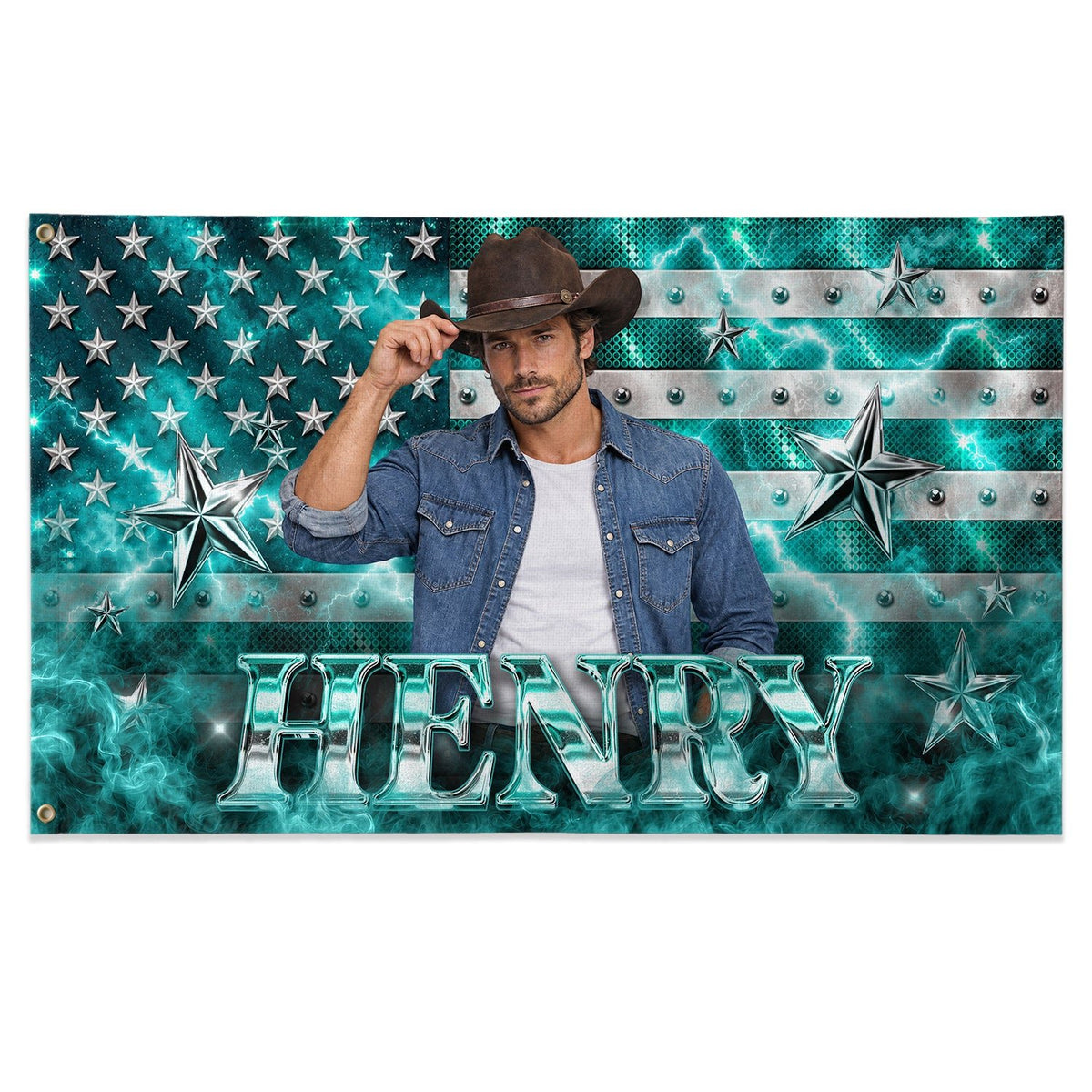 Teal Electric Smoke Metallic Star Photo Collage American Flag Custom, Custom Flag with Picture for Personalized Decor, Rustfield Co. - Rust Field Wear