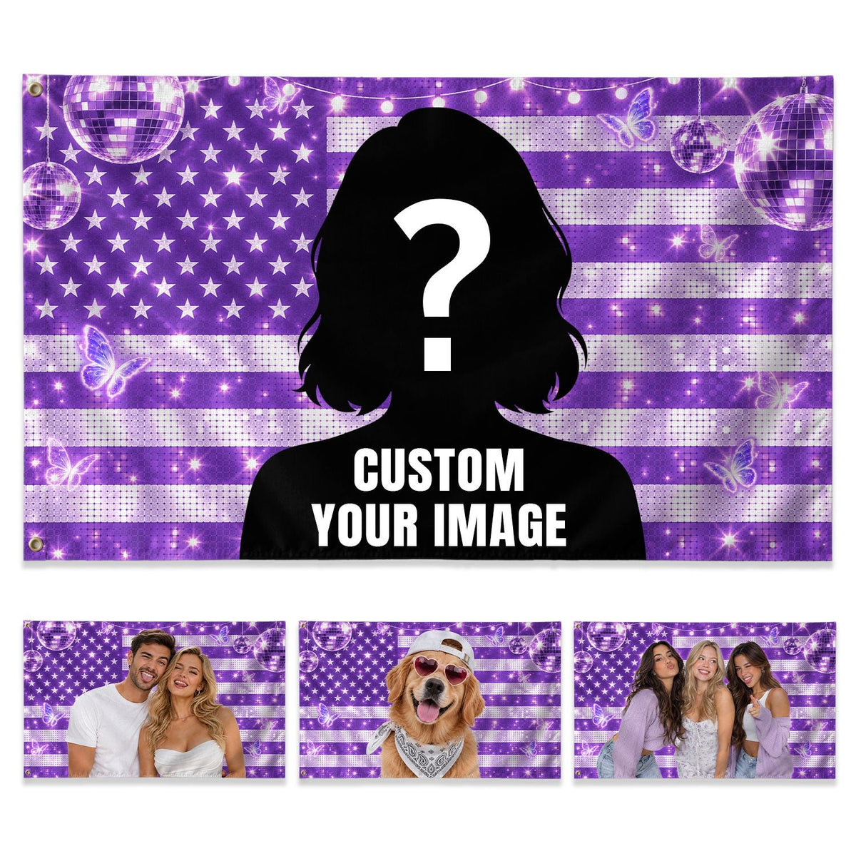 Personalized Purple Disco Ball Butterfly Photo Collage American Flag Custom, Custom Flag with Picture for Retro Wall and Room Decor, Rustfield Co. - Rust Field Wear