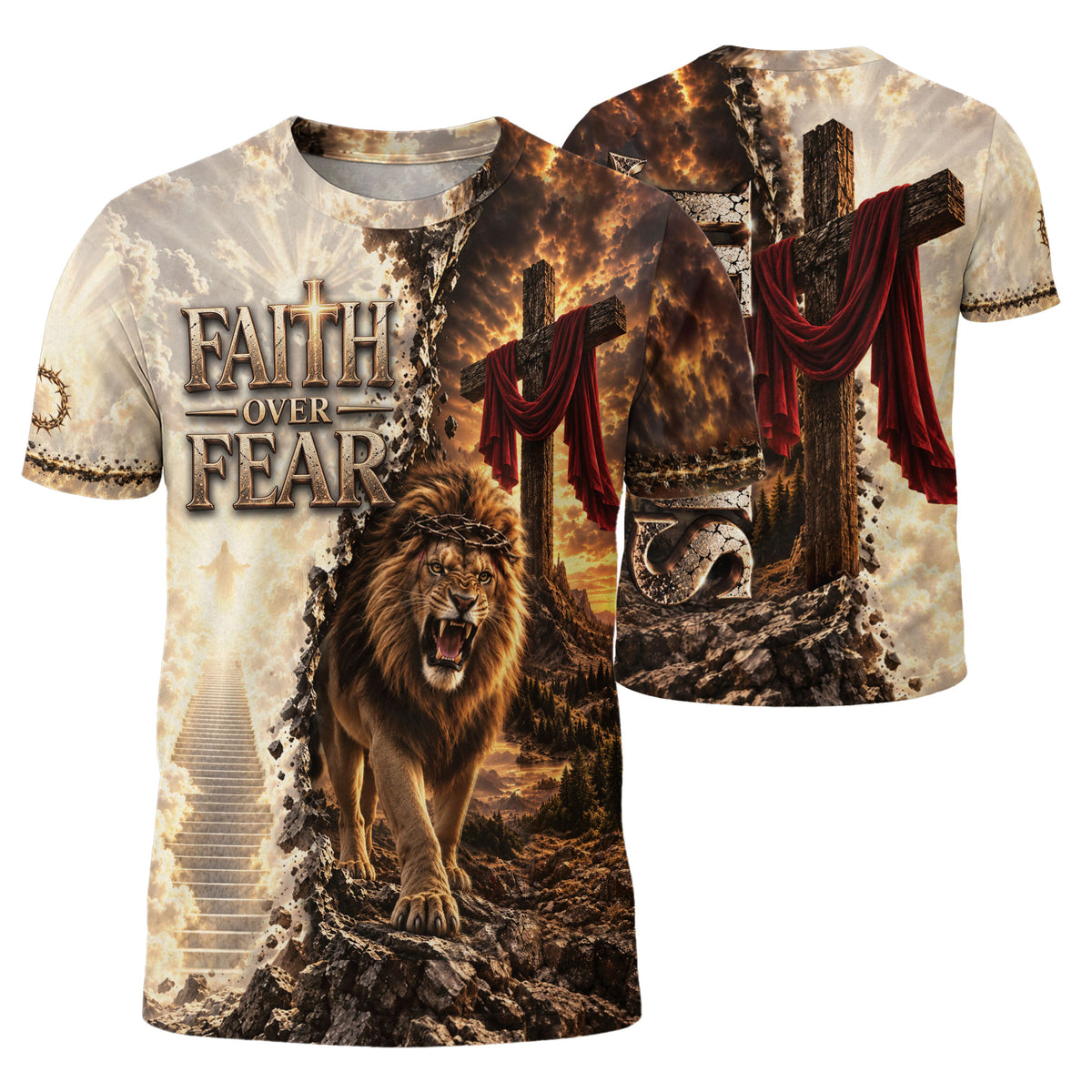 Inspirational Faith Over Fear Lion Cross Christian Graphic Athletic Team Shirt Top