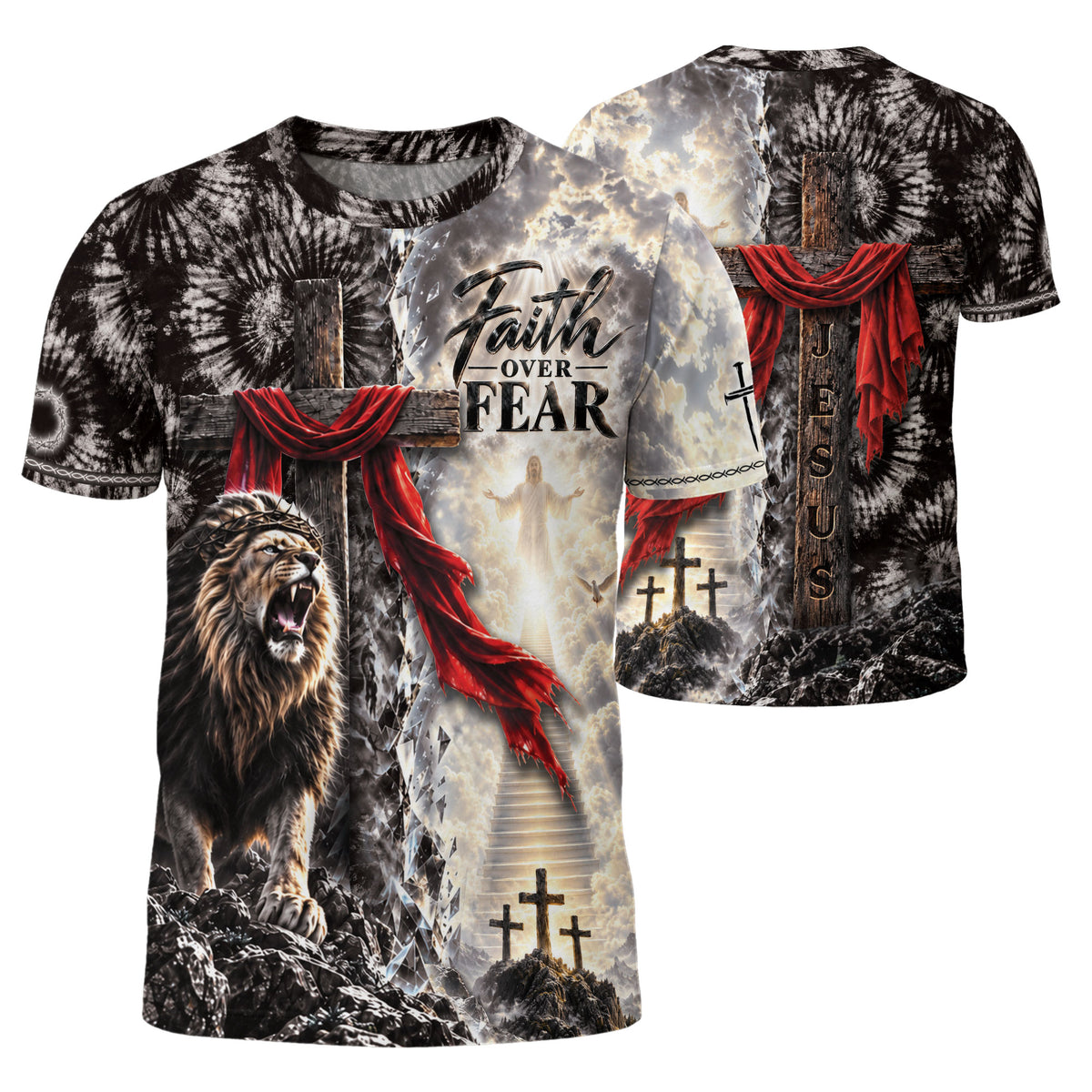 Spiritual Faith Over Fear Lion Cross Christian Graphic Athletic Team Shirt Top Garment