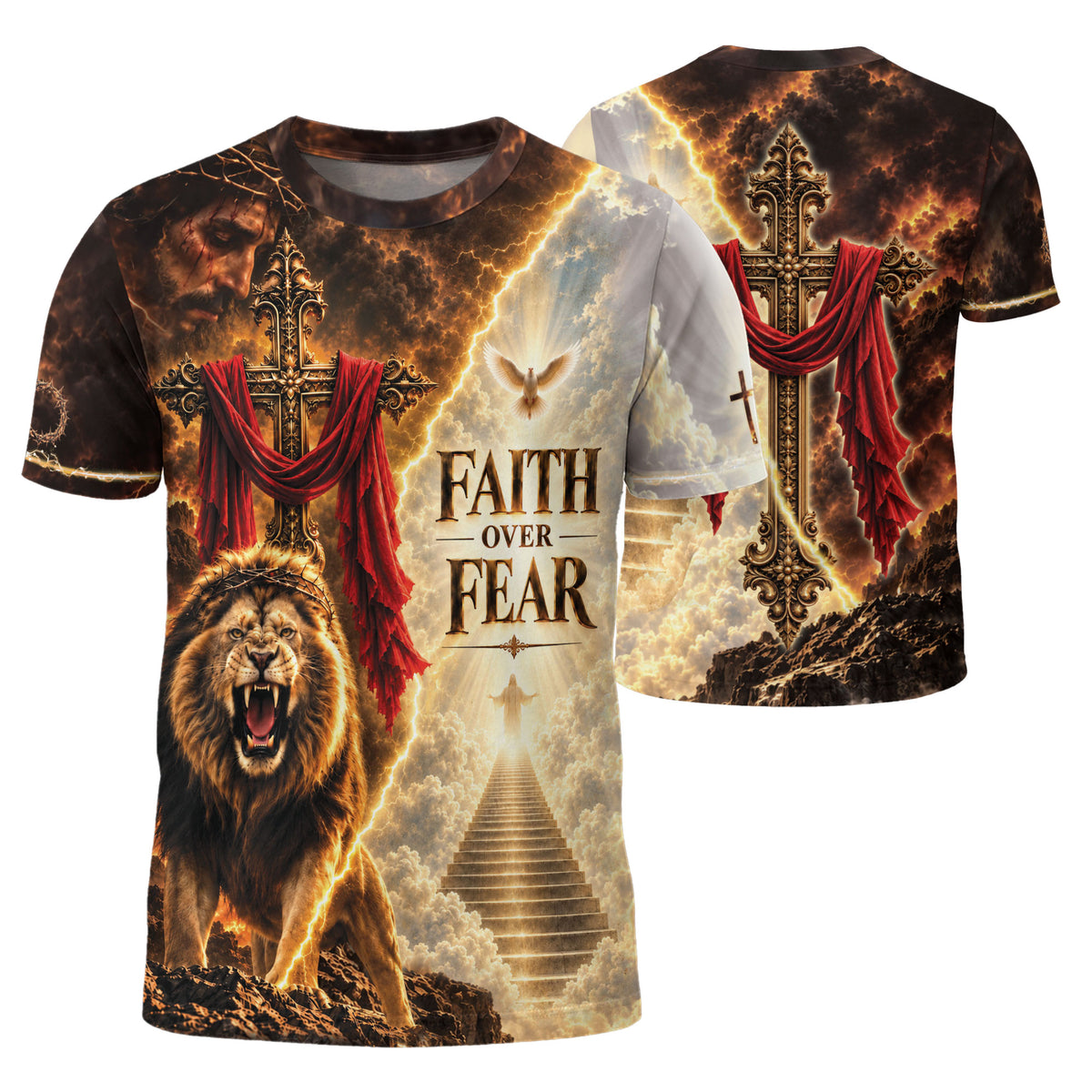 Devotional Faith Over Fear Lion Cross Christian Graphic Athletic Team Shirt Top Garment