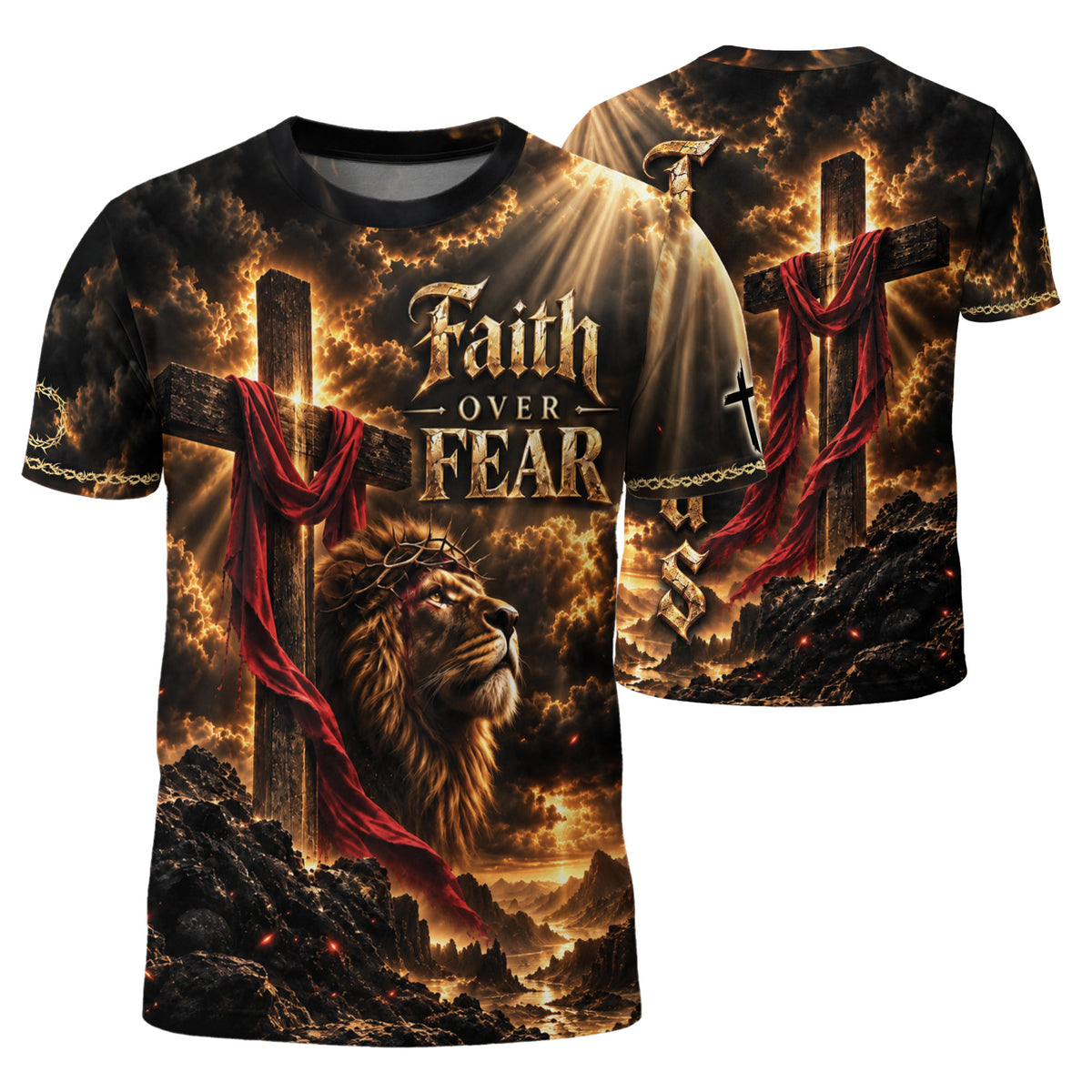 Steadfast Faith Over Fear Lion Cross Christian Graphic Athletic Team Shirt Top Garment
