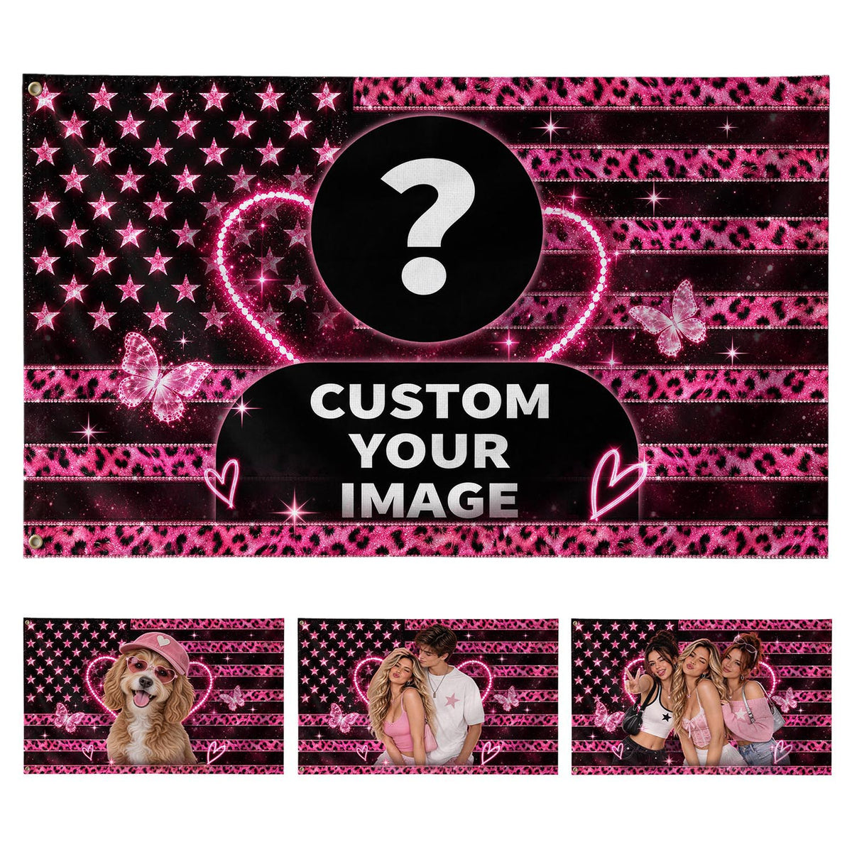 Turn Photos Into Pink Leopard Hearts and Butterflies Pink Flag Custom, Custom Flag with Picture, Pink American Flag Custom, Rustfield Co. - Rust Field Wear