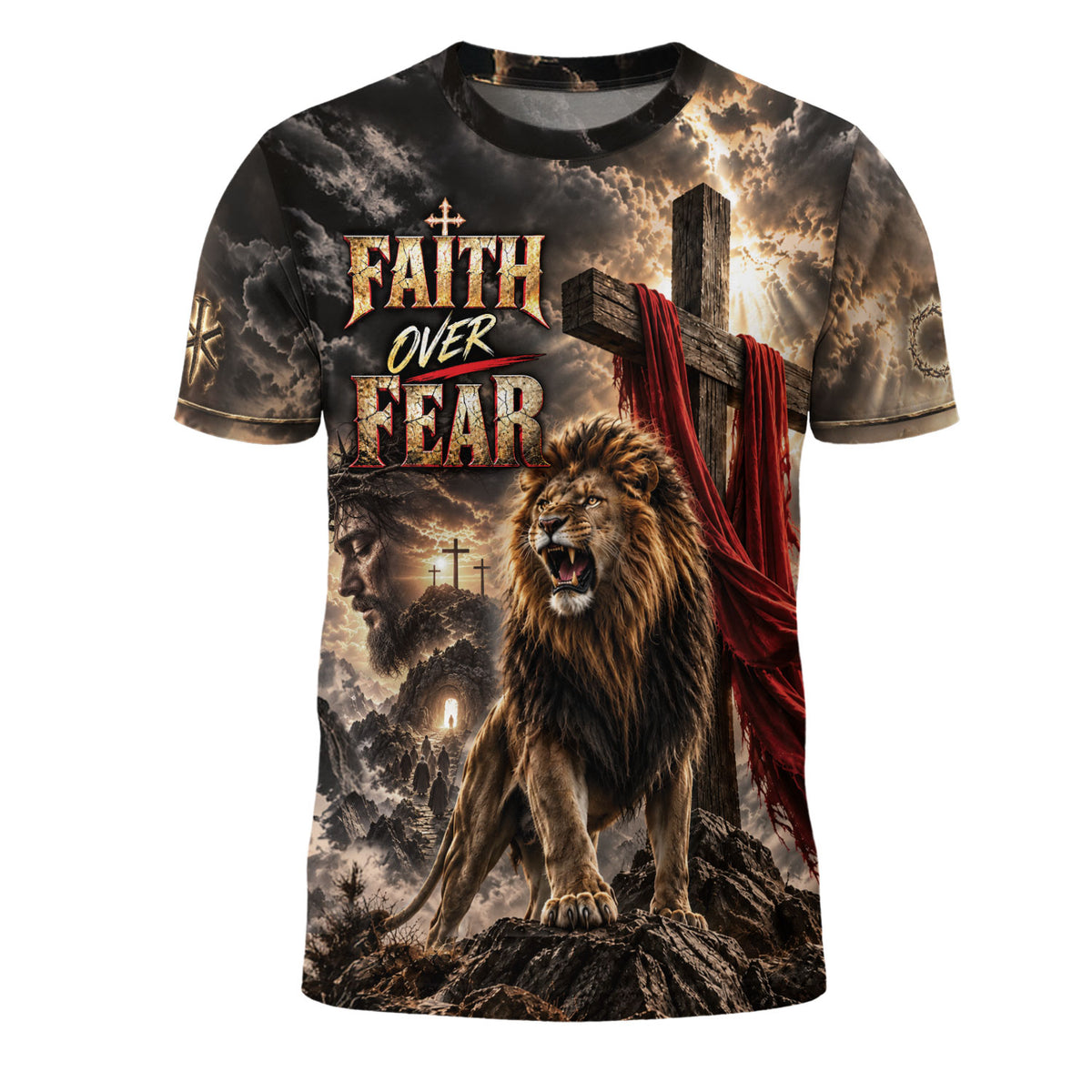 Unyielding Faith Over Fear Lion Cross Christian Graphic Apparel Shirt Top Garment Outfit