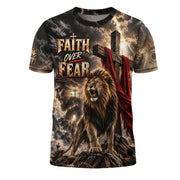 Unyielding Faith Over Fear Lion Cross Christian Graphic Apparel Shirt Top Garment Outfit