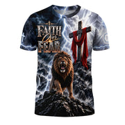 Powerful Faith Over Fear Lion Cross Christian Graphic Apparel Shirt Top Garment Outfit