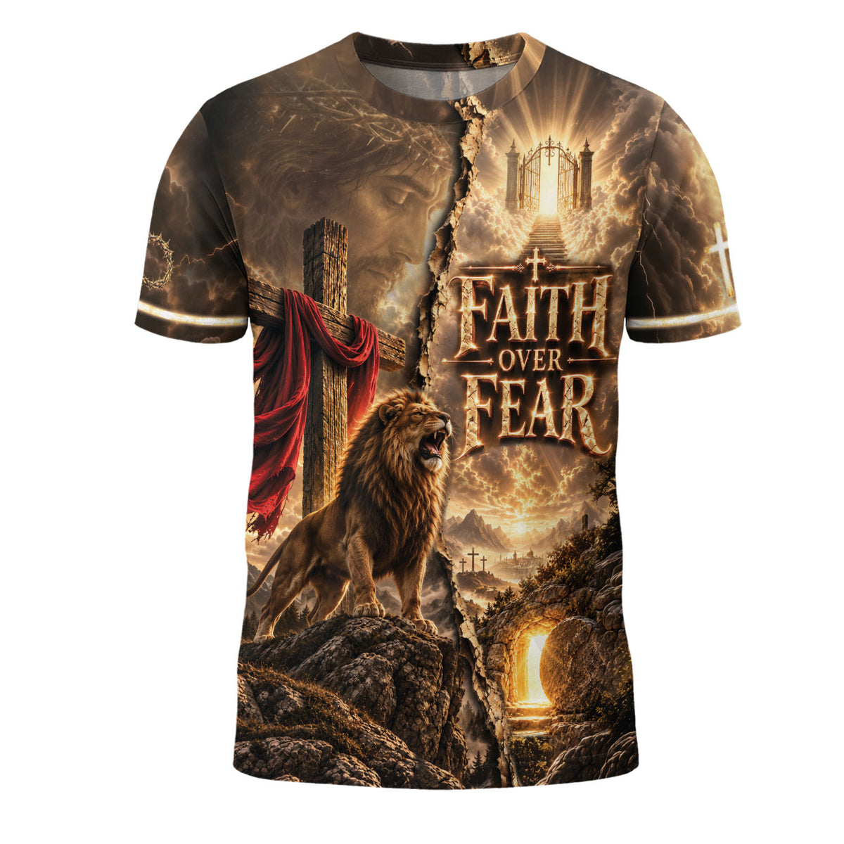 Divided Faith Over Fear Lion Cross Christian Graphic Apparel Shirt Top Garment Outfit