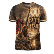 Divided Faith Over Fear Lion Cross Christian Graphic Apparel Shirt Top Garment Outfit