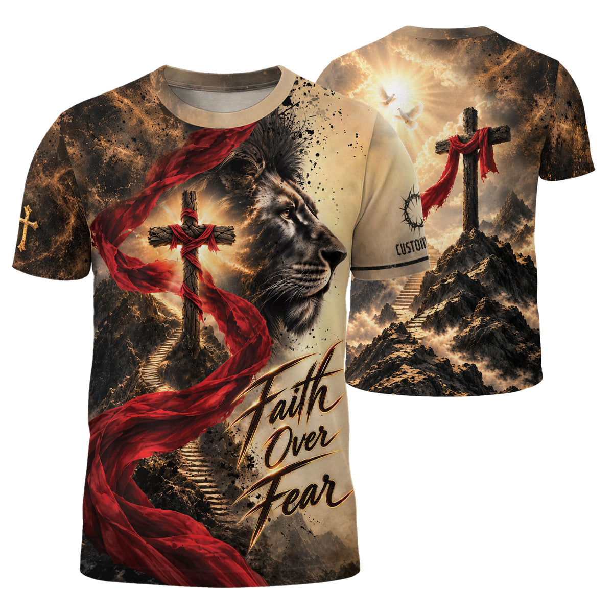 Christian T Shirt Faith Over Fear Lion Cross Personalized Name 3D Graphic Tee Gift - Rust Field Wear