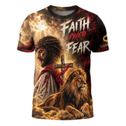 Christian T Shirt Faith Over Fear Jesus Lion Cross Crown Of Thorns Custom Name 3D Tee - Rust Field Wear