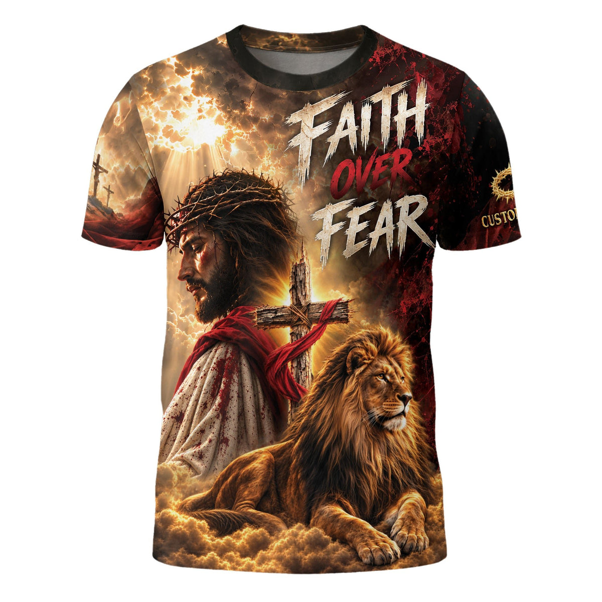 Christian T Shirt Faith Over Fear Jesus Lion Cross Crown Of Thorns Custom Name 3D Tee - Rust Field Wear