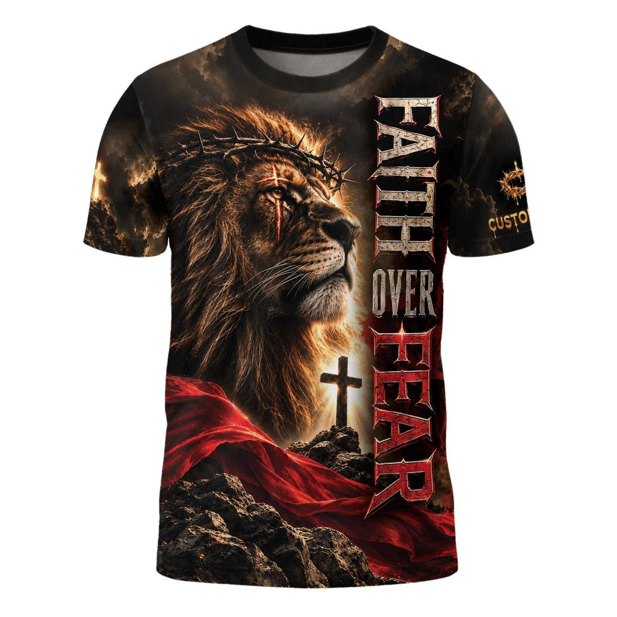 Christian T-Shirt Faith Over Fear Lion Crown Of Thorns Custom Name 3D All Over Print - Rust Field Wear