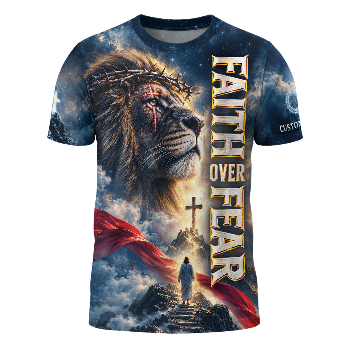 Christian T-Shirt Faith Over Fear Jesus Lion Crown Of Thorns Custom Name 3D All Over Print - Rust Field Wear