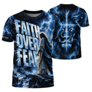 Christian T-Shirt Faith Over Fear Blue Lightning Jesus Lion Custom Name 3D All Over Print - Rust Field Wear