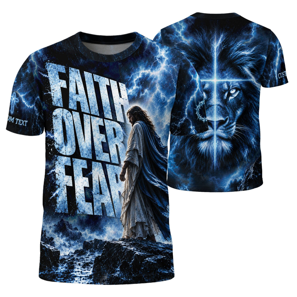 Christian T-Shirt Faith Over Fear Blue Lightning Jesus Lion Custom Name 3D All Over Print - Rust Field Wear
