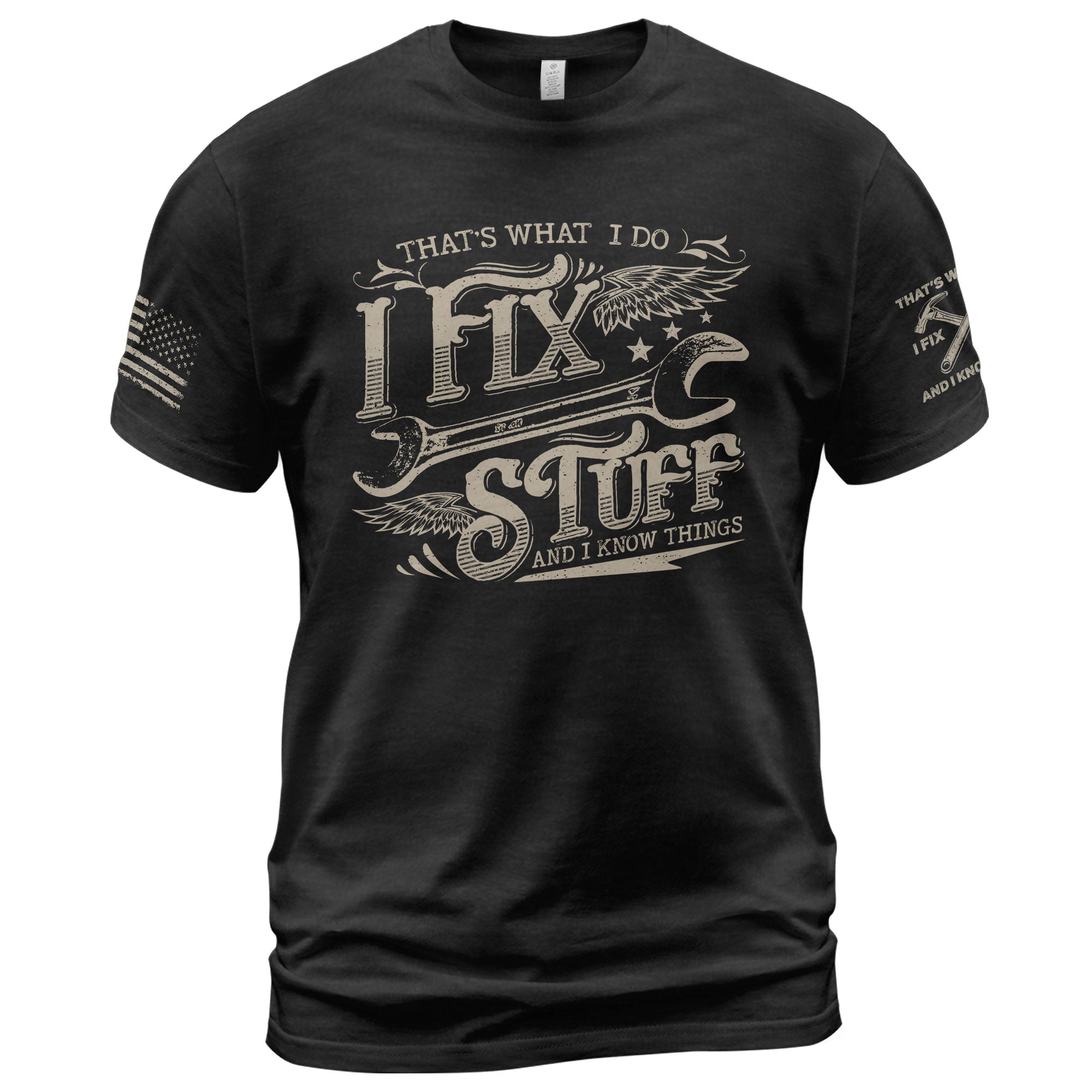 Men Winged Wrench Graphic T-Shirt I Fix Stuff And I Know Things Scroll Quote Tee