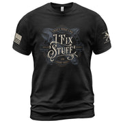 Vintage Calligraphy Quote Men T-Shirt I Fix Stuff And I Know Things Graphic Wrench Tee