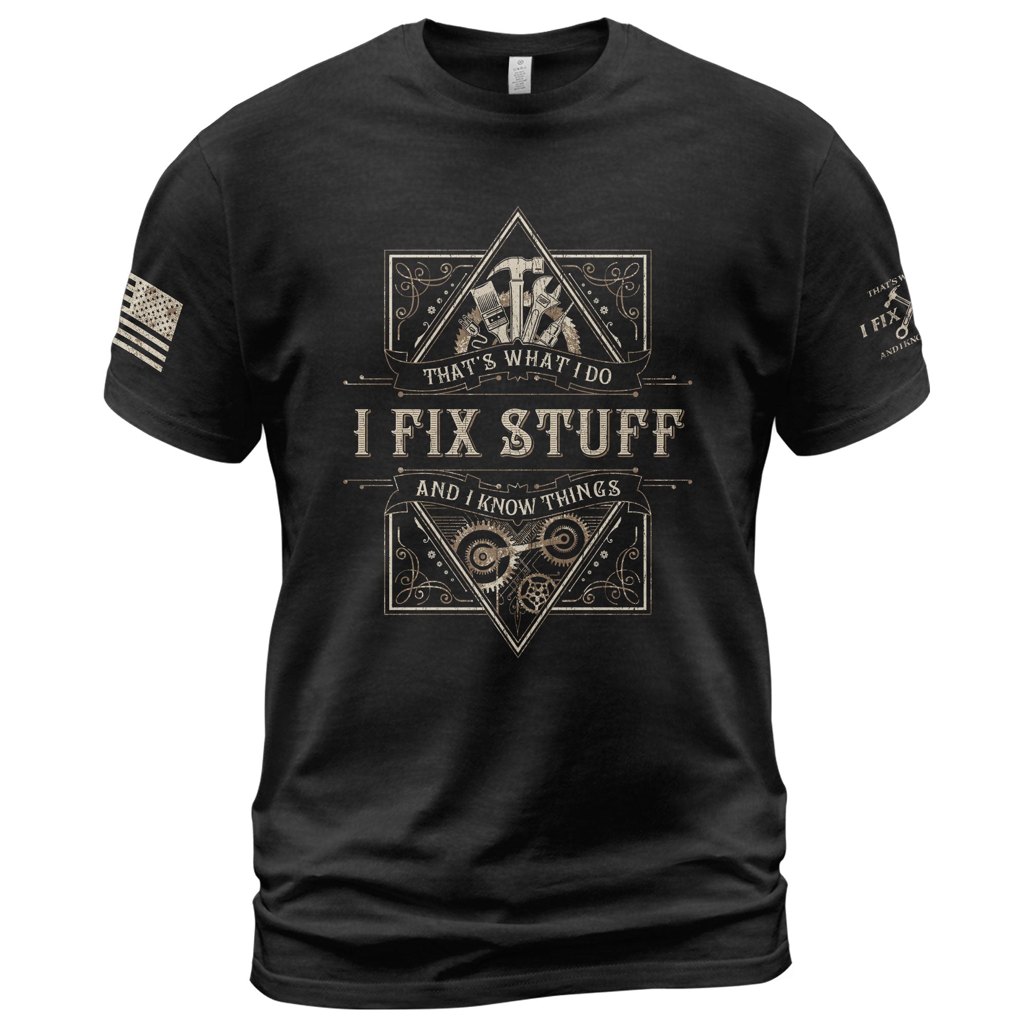 Men Graphic Scrollwork Frame T-Shirt I Fix Stuff And I Know Things Hammer Quote Tee
