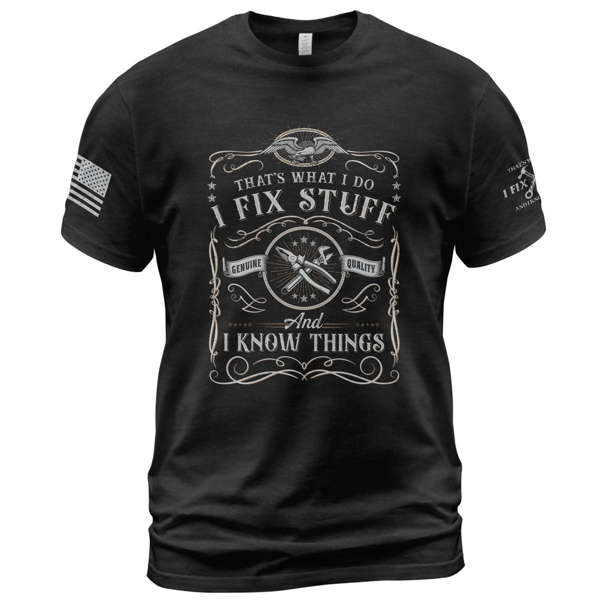 Graphic Shirt Men I Fix Stuff And I Know Things Label Quote T-Shirt Sleeve Details