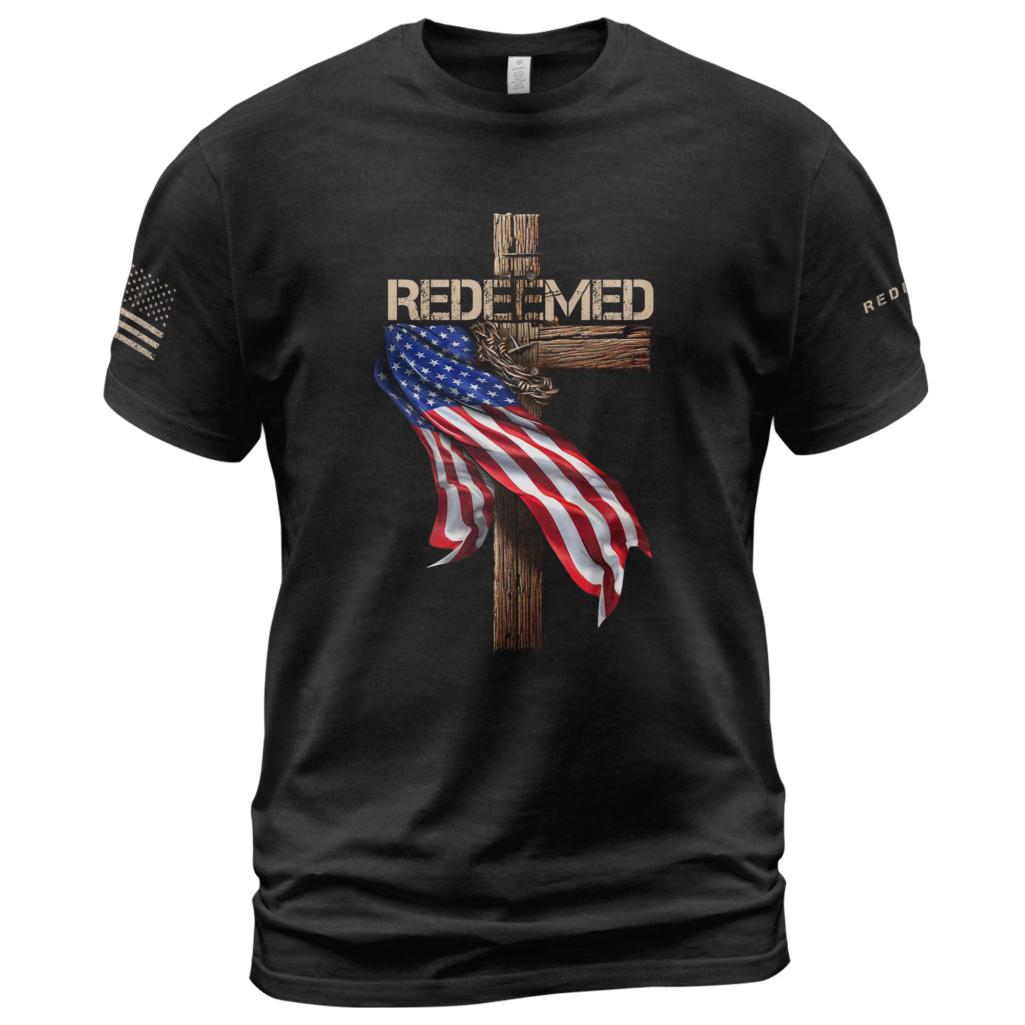 Redeemed by Christ American Flag Cross - Christian Shirts for Men, Faith Based Christian Tee Shirts - Rust Field Wear